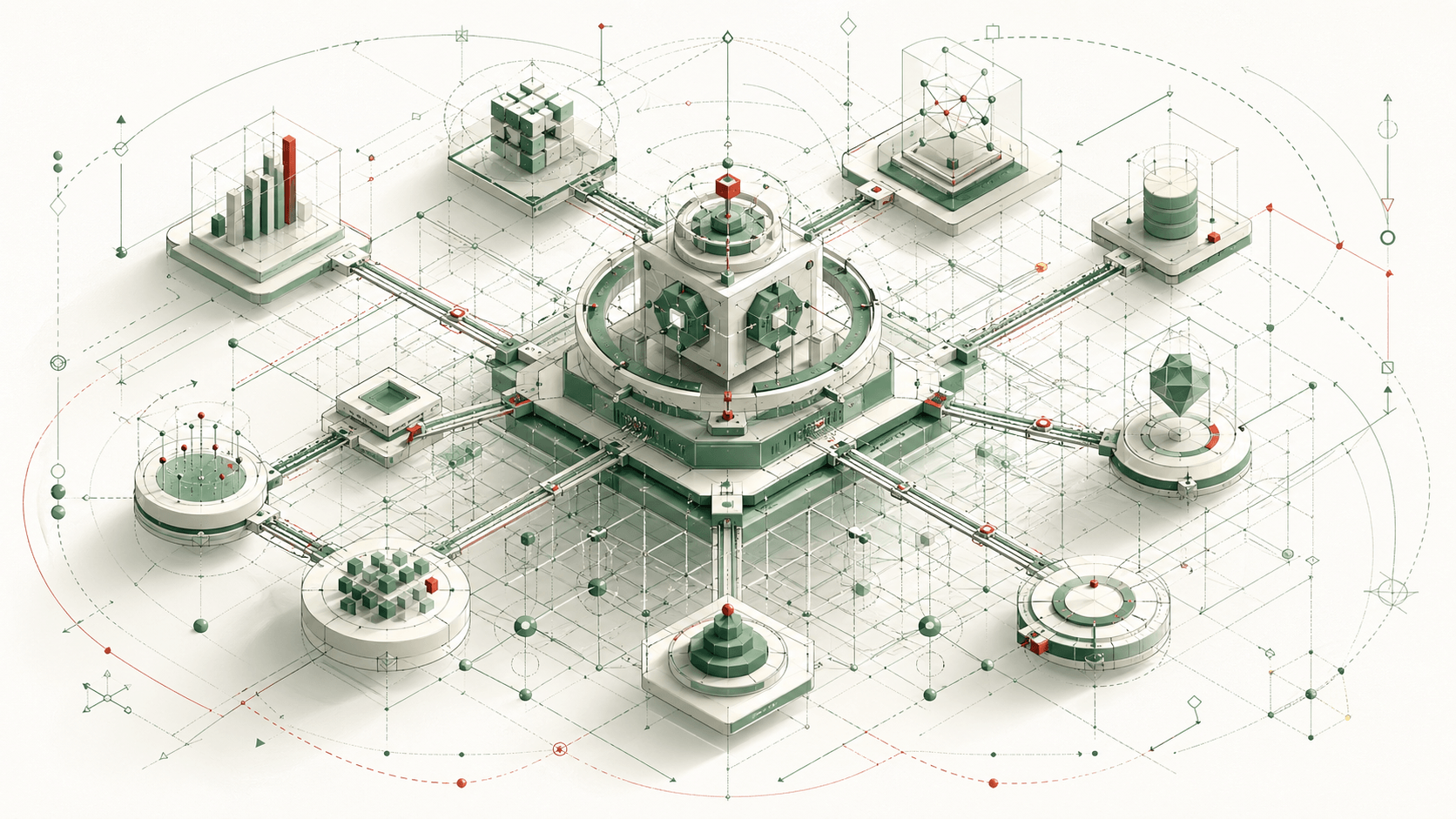 Dense isometric mesh of geometric concept primitives connected by directional edges, with a single warm-lit path traced through the network to show an agent's reasoning route from query to answer.