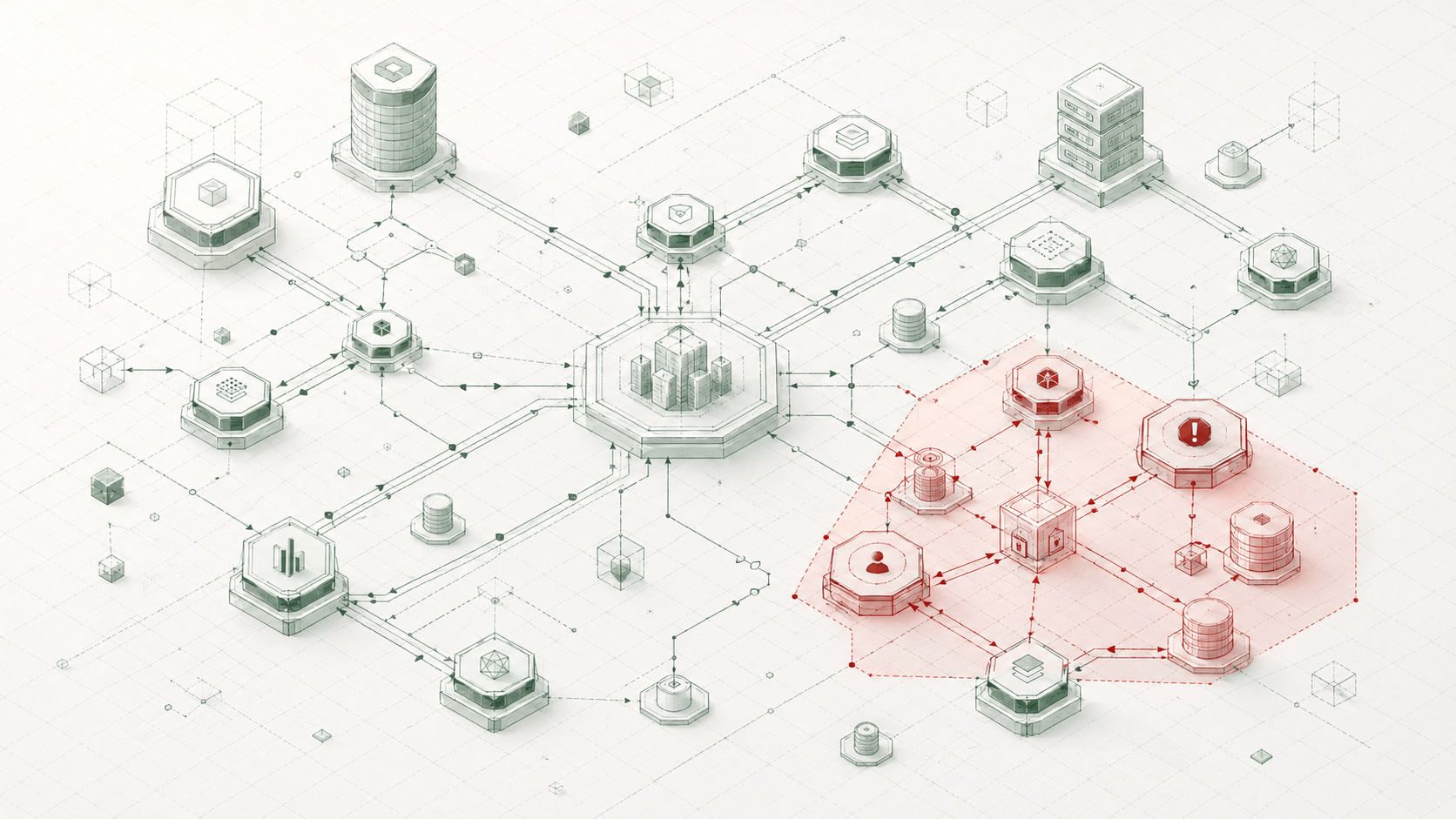 Network of hexagonal entity nodes connected by directional payment flows, with one tightly-clustered subgraph in the lower right outlined in brick red to mark a suspicious pattern.