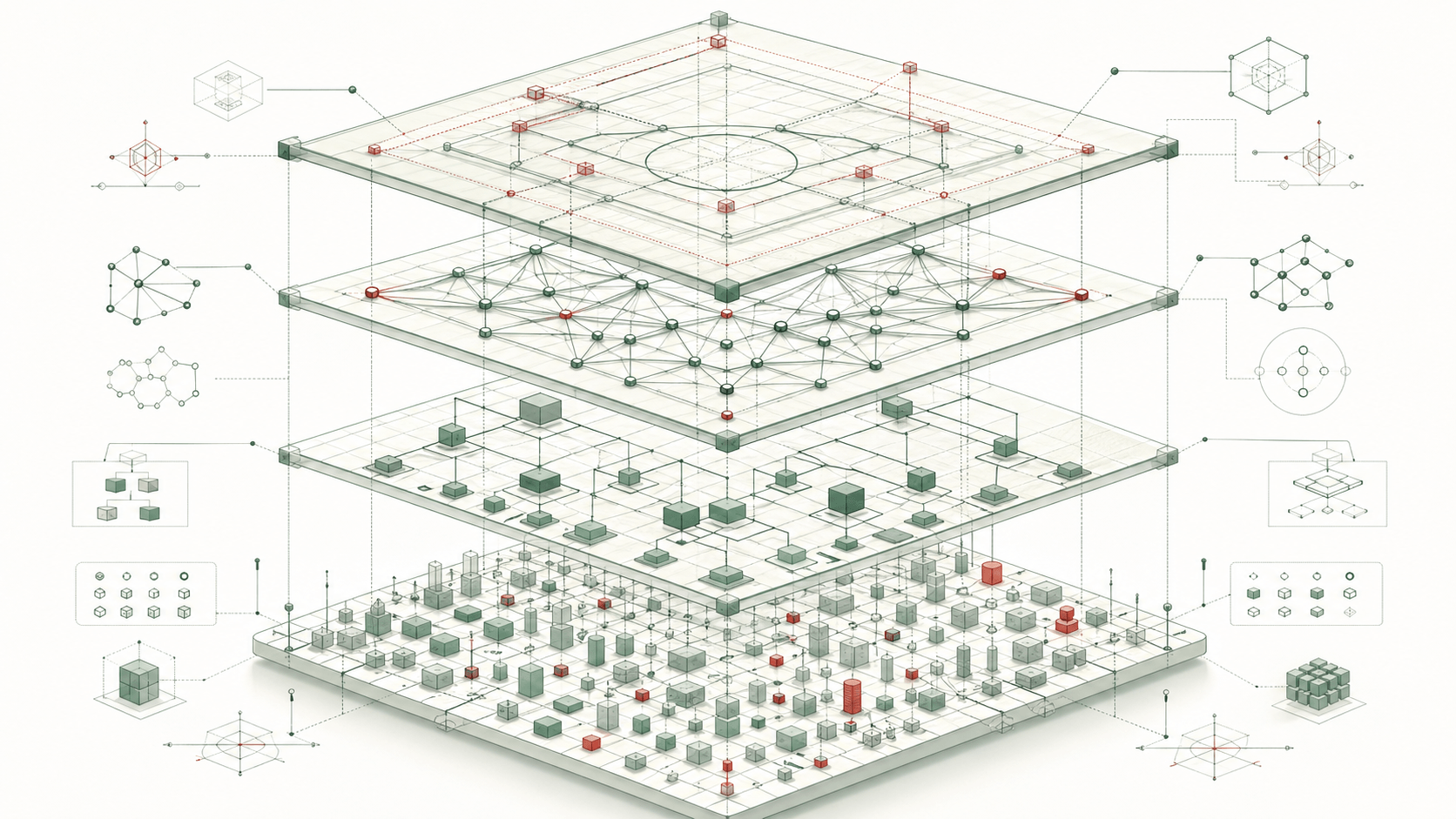 Isometric blueprint of a modular semantic platform: a central ringed building houses a core ontology, with conveyors radiating to satellite modules for analytics, graph storage, document ingestion, and reasoning.