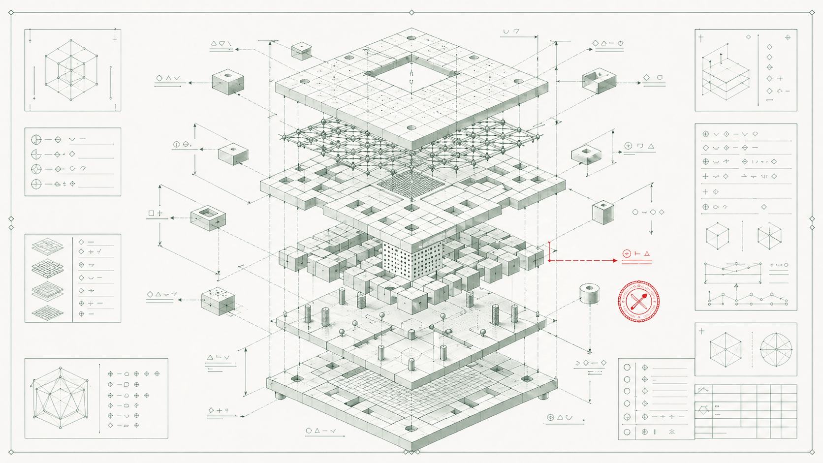 Cutaway isometric stack of a multi-level engineering structure rendered on technical-drawing paper, ringed by callout panels of cubic primitives, tolerance charts, and dimension annotations, with a single brick-red gauge marker on the right.