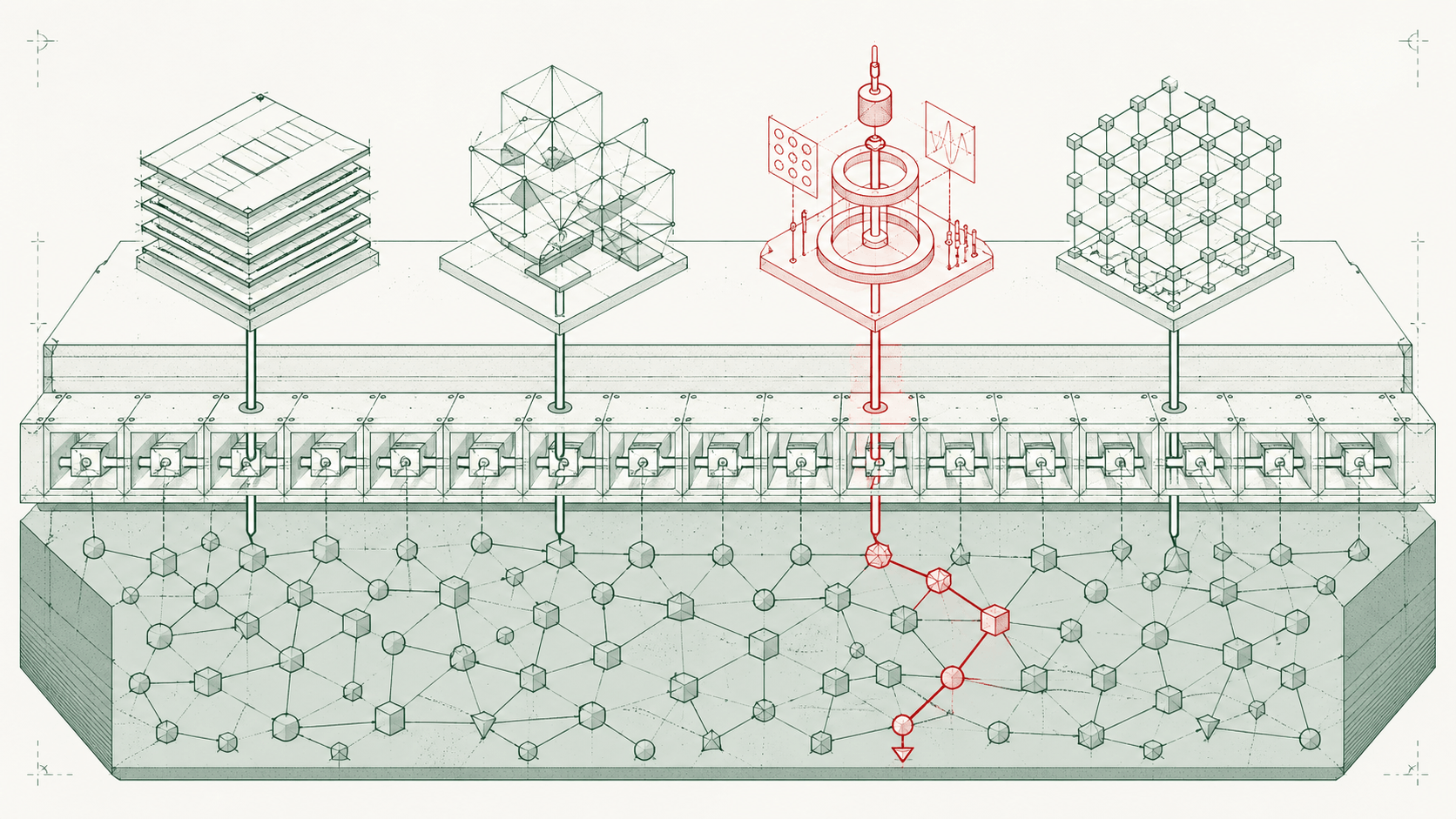 Composite isometric collage of where the OntoLedgy approach is applied: small connected scenes representing finance and AML, industrial engineering, healthcare, and media rights, each feeding into a shared semantic backbone, with a single brick-red accent threading through the connecting graph.
