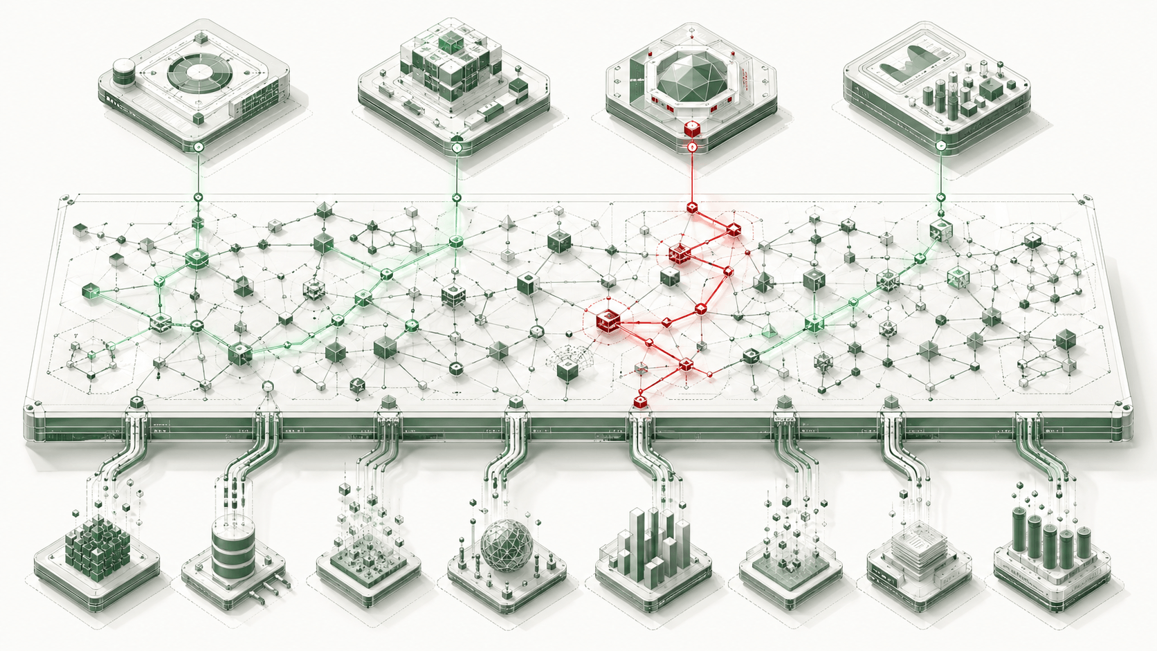 Isometric layered diagram of a knowledge interop fabric: a wide central slab carries a node graph traced by green and brick-red paths, with four ringed superstructures perched above and a row of small processing islands below connected by descending pipes.