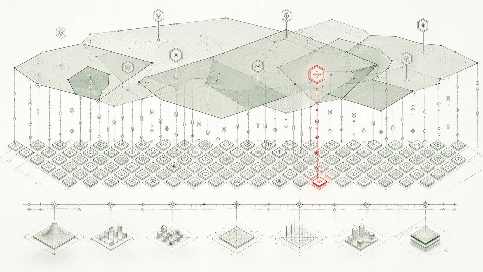 Fragmented hexagonal territory map with small hexagonal pins marking rights holders, one accented in brick red, dropping down to a dense grid of catalogue tiles and a baseline row of small chart thumbnails representing royalty distributions.