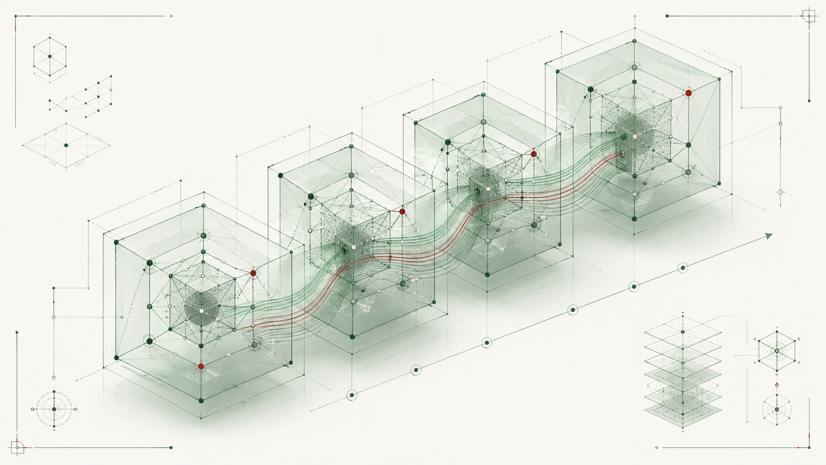 Four translucent cubes arranged left-to-right, each containing a denser internal lattice than the last, joined by flowing strands that depict the same entity persisting and changing across successive temporal extents.