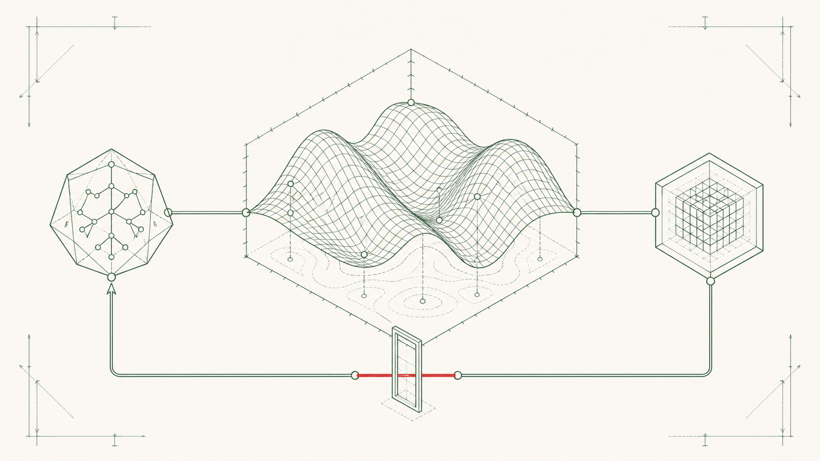Isometric process-engineering illustration: a thermodynamic flowsheet with vessels, distillation columns, and heat-exchanger units linked by curving pipework, overlaid with phase-equilibrium curves and equation panels, with one stream highlighted in brick red to mark the agent-traced reasoning path.